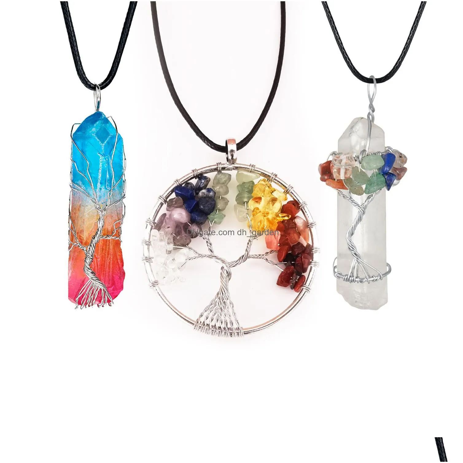 3 pair pendant necklaces tree of life copper wire wound natural quartz aura healing crystal point chakra jewelry gift