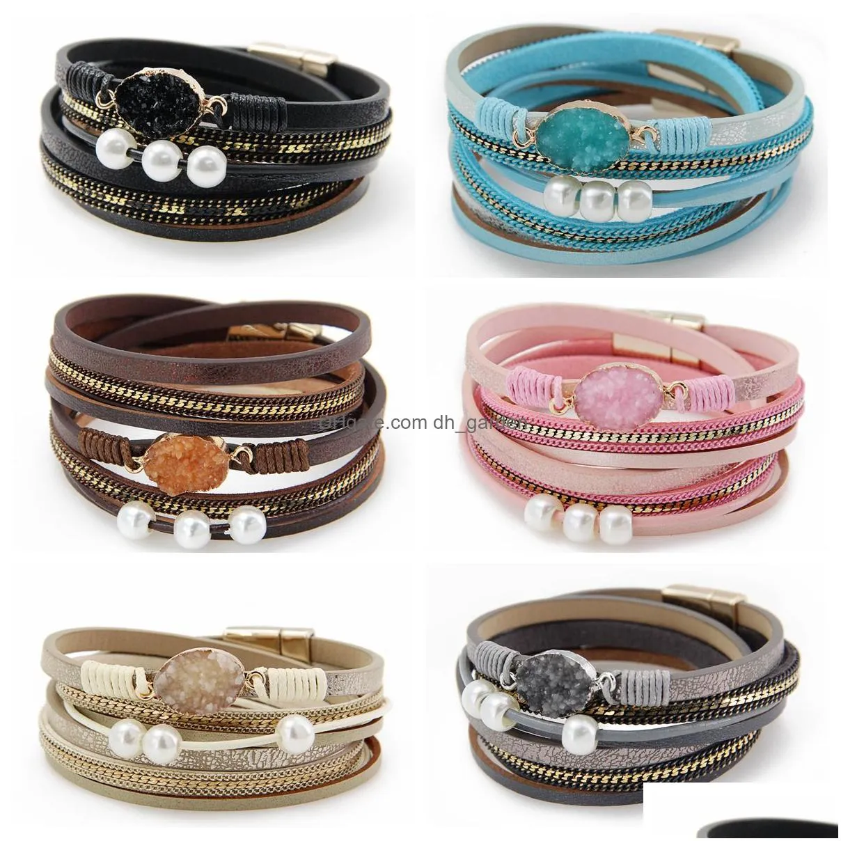 leather wrap tennis bracelet boho cuff crystal and pearl bead bangle with magnetic clasp jewelry gifts for women teen girls