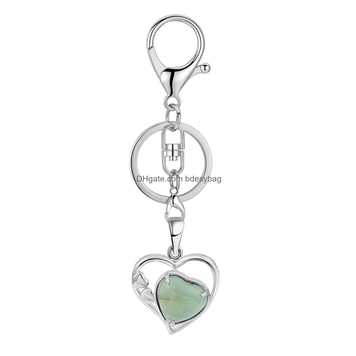 wholesales silver key chain accessories keys natural healing crystal hollow heart stone keychain for bag car key rings