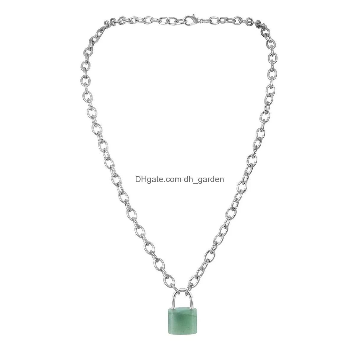 women gemstone lock pendant y necklace chunky punk silver chain choker cuban link statement jewelry girls