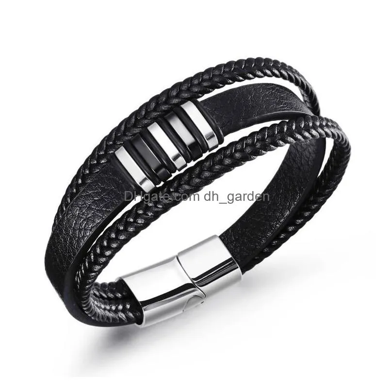 handmade layered braided leather bracelets for men link chain strand fashion magnetic clasp black cord vintage wrist band rope cuff bangle