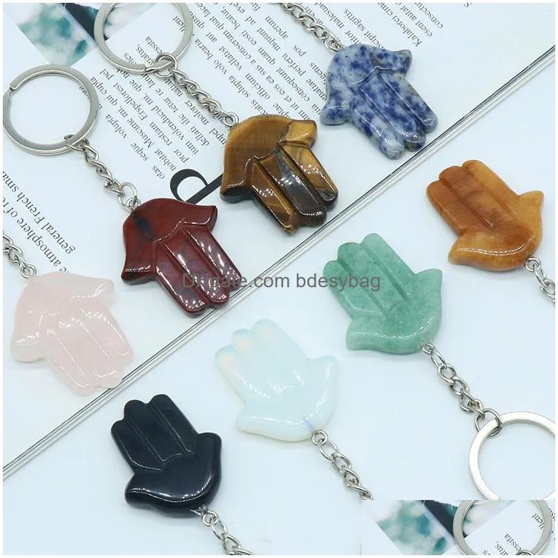 cute healing chakra gemstone hand keychains for women men evil eye hamsa hand fatima crystal pendant key chain acessories hip hop