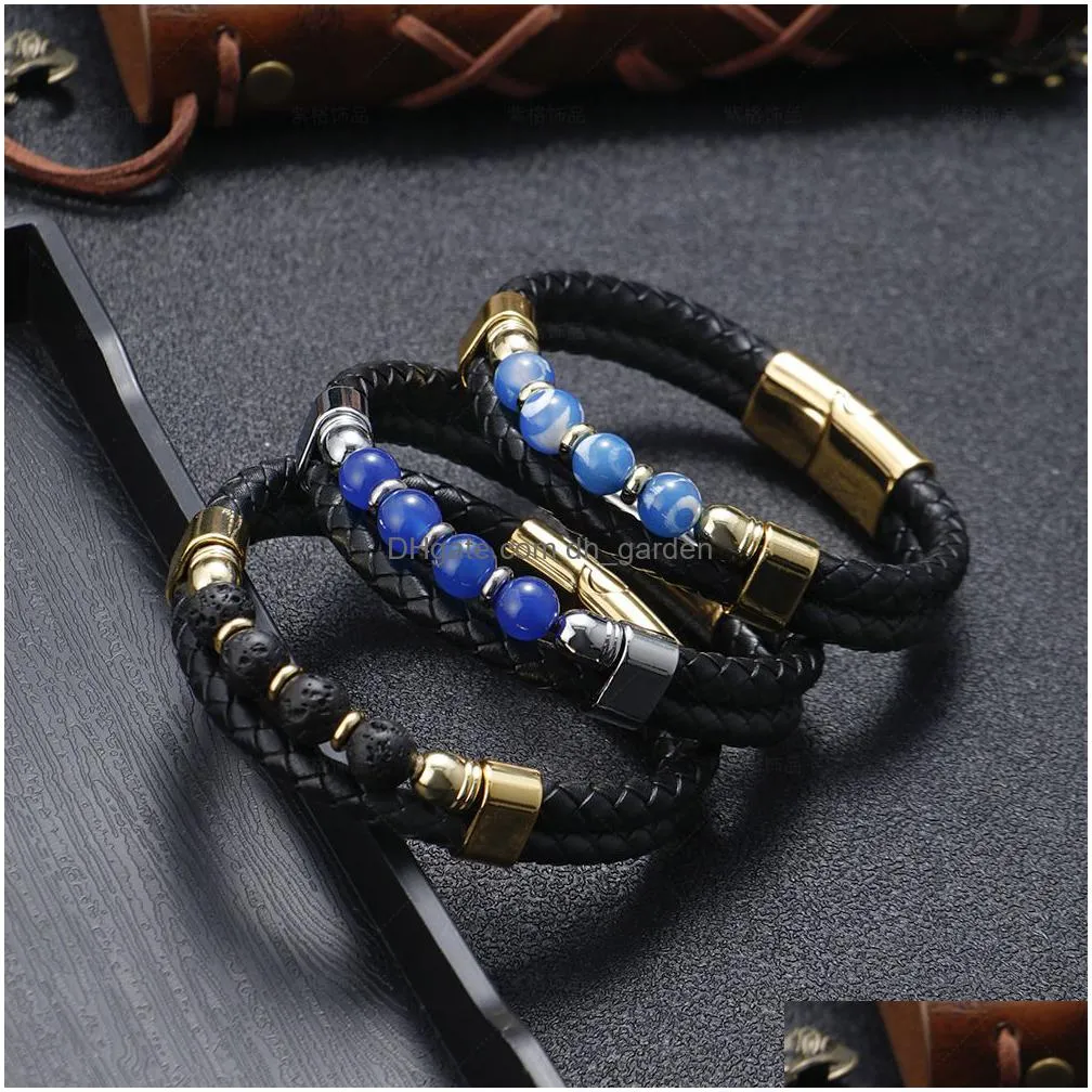 handmade gemstone layered braided leather bracelets for men link chain strand fashion magnetic clasp black cord vintage wrist band rope cuff bangle
