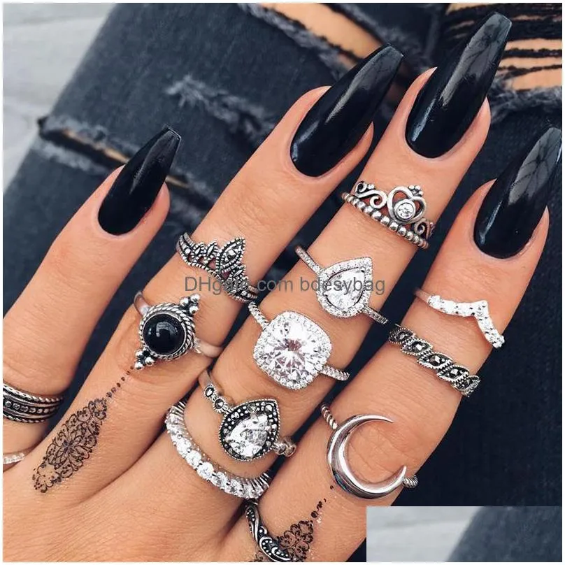 retro knuckles ring set womens girls can stack rings silver full diamond glass crystal moon ring set