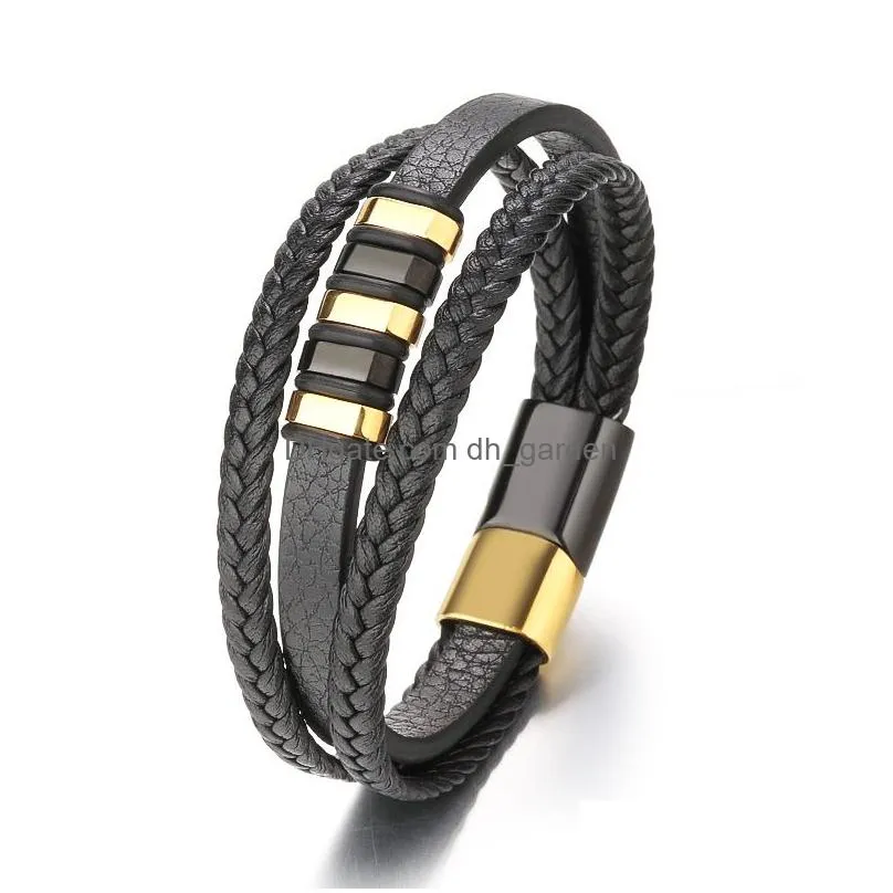 handmade layered braided leather bracelets for men link chain strand fashion magnetic clasp black cord vintage wrist band rope cuff bangle