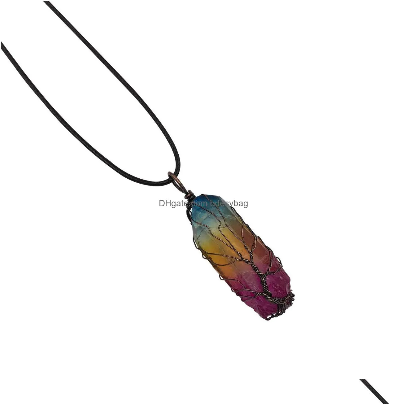 tree of life titanium coated rainbow rock quartz chakra crystal necklace copper wire wrapped irregular rough healing pointed gemstone pendant jewelry for women