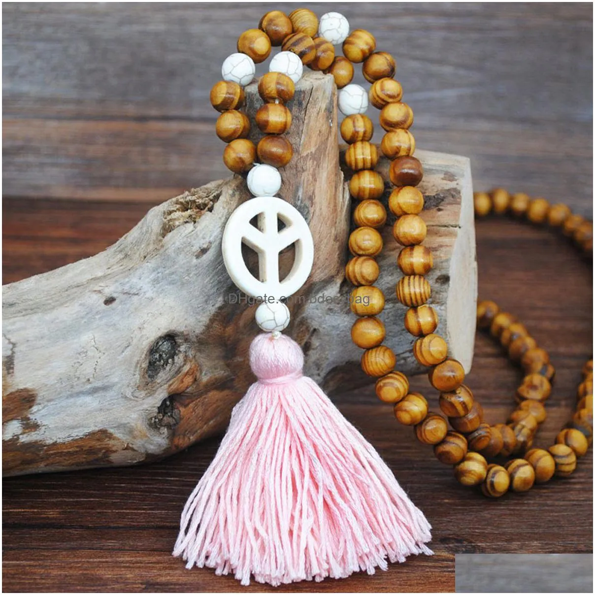 long statement tassel pendant necklace handmade knotted wood beads buddha jewelry for women girl wooden stone necklaces