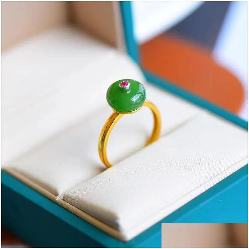 cluster rings original design inlaid natural hetian jade round open adjustable ring simple exquisite charm ladies silver jewelry