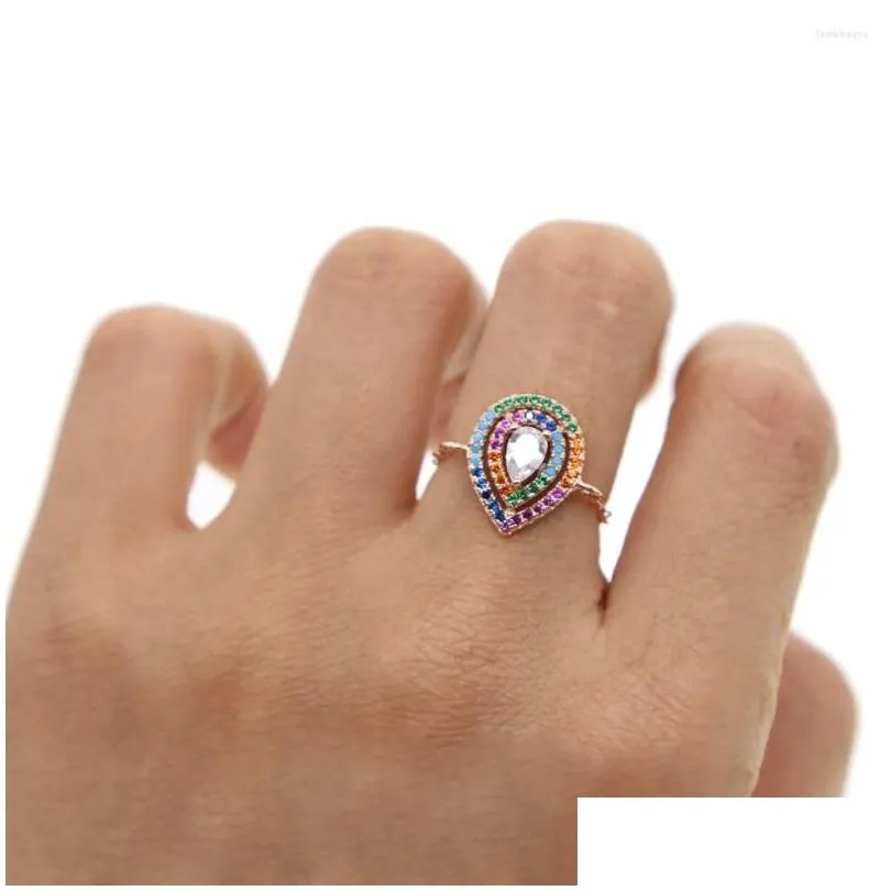 wedding rings rainbow cz tear drop charm adjust chain ring rose gold color 2022 design fashion jewelry promotion