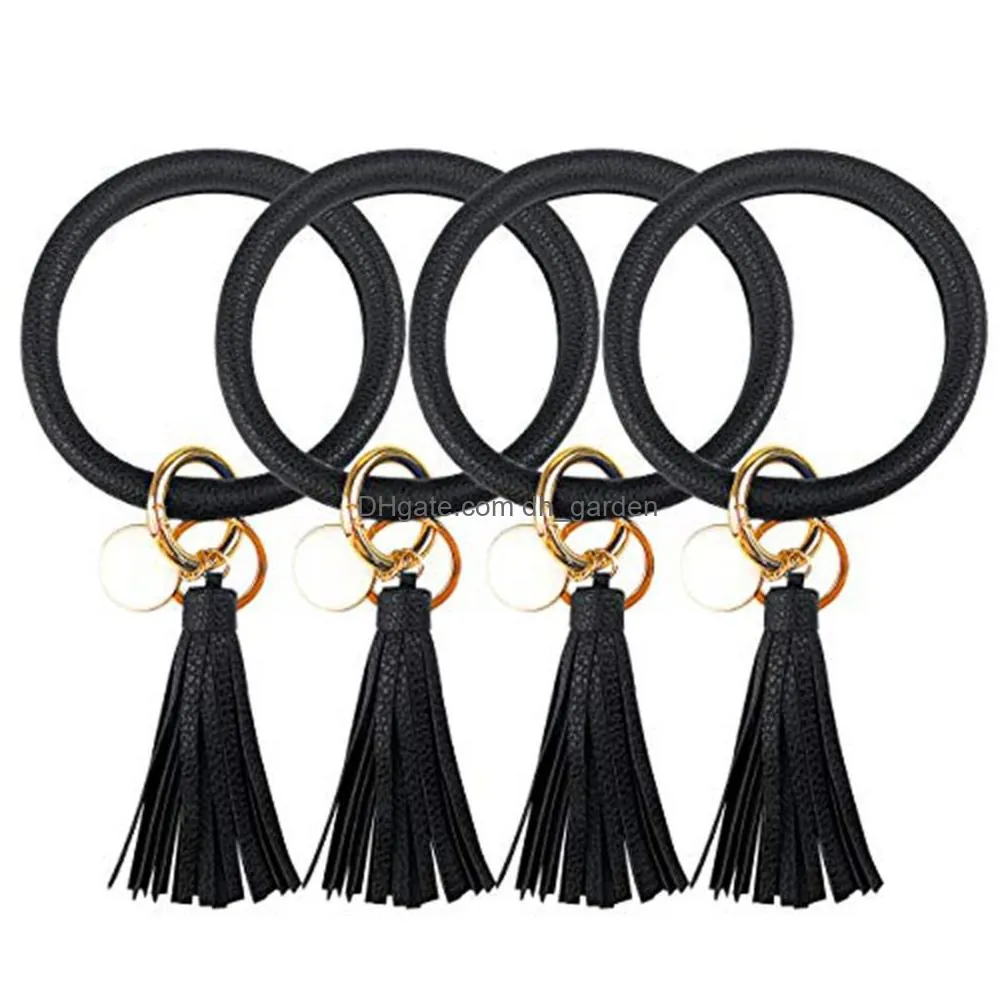 leather wristlet keychain bracelet link chain bangle round key ring large circle tassel chain wrist bracelets holder for women girls