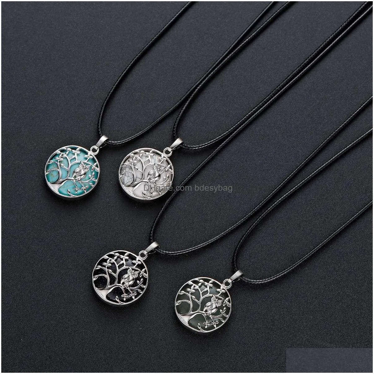 sterling silver owl tree of life gemstone pendant necklace with 18 inch chain round stones pendants for women and men