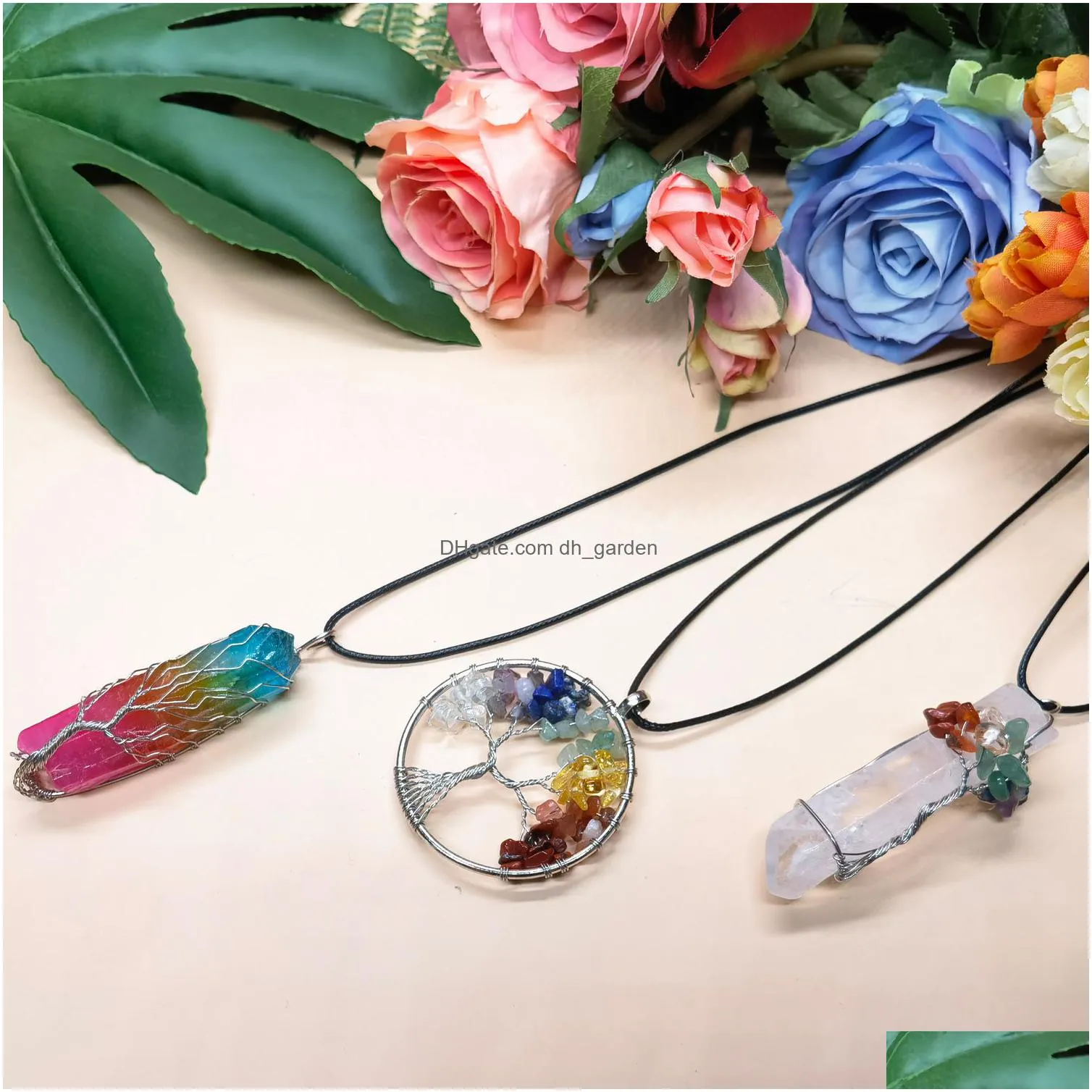 3 pair pendant necklaces tree of life copper wire wound natural quartz aura healing crystal point chakra jewelry gift