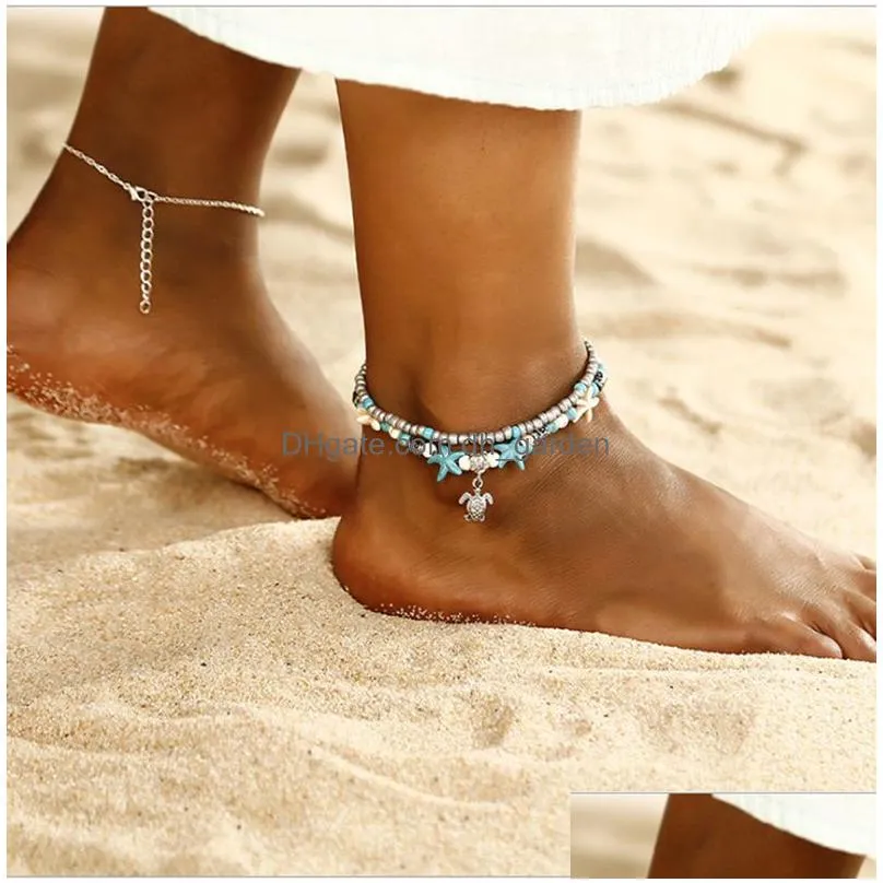 fashion double yoga beach pendant anklet bracelet conch turtle pendant beach starfish pearl bracelet anklet