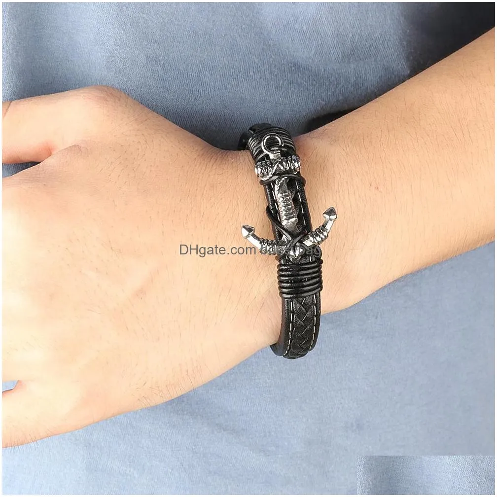 men anchor leather bracelet link multilayer cuff wrapped rope wristband black cord wrist band rope bangle jewelry magnetic clasp