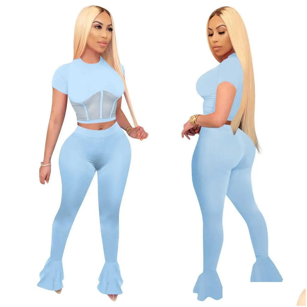 designers women clothes 2021 spring summer autumn mesh splicing flared pants sports suit 2piece set