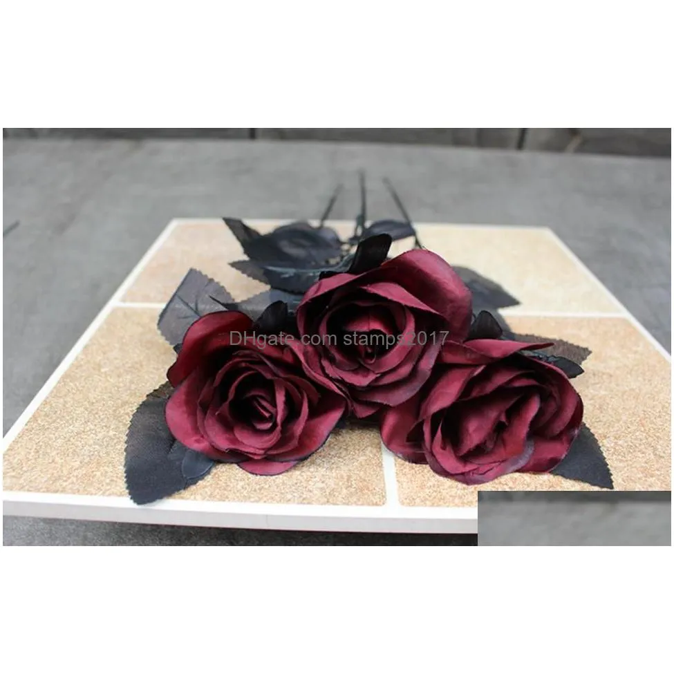 black rose flower halloween party decoration artificial long stem silk rose for diy wedding bouquet table centerpiece home atmosphere