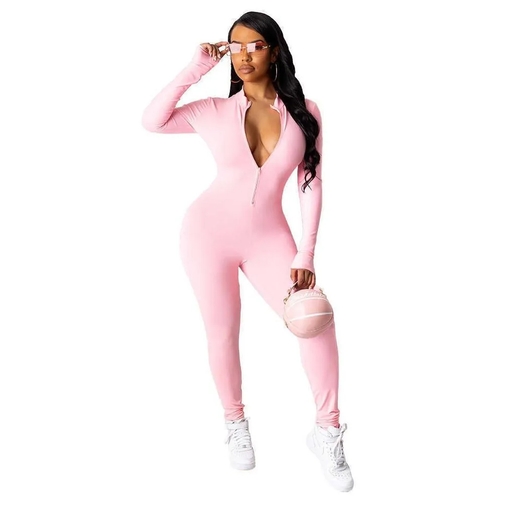 designers women jumpsuits clothes 2021 solid color zipper long sleeve sexy slim fit womens leggings pants amp rompers