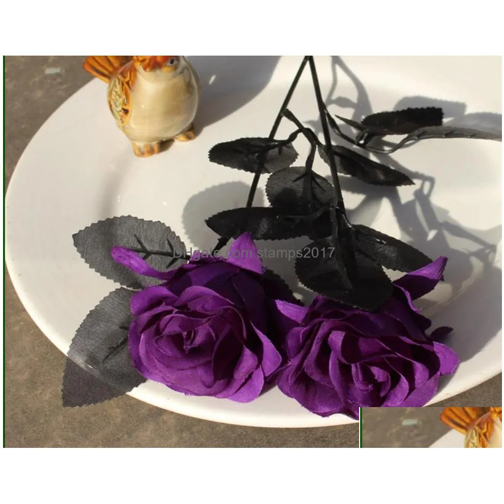 black rose flower halloween party decoration artificial long stem silk rose for diy wedding bouquet table centerpiece home atmosphere