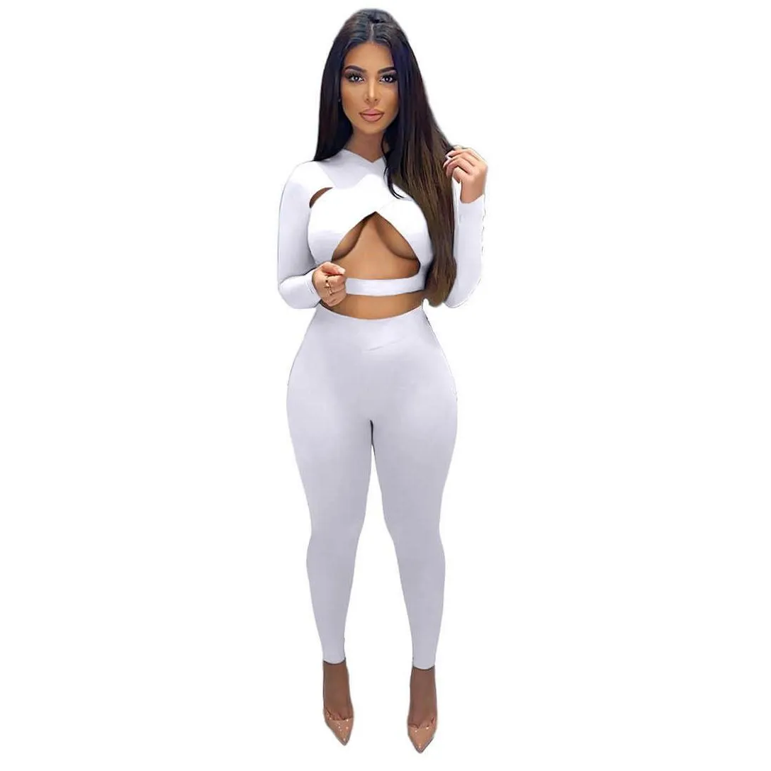 designers women clothes 2021 solid color sexy cross cut sports two piece suit