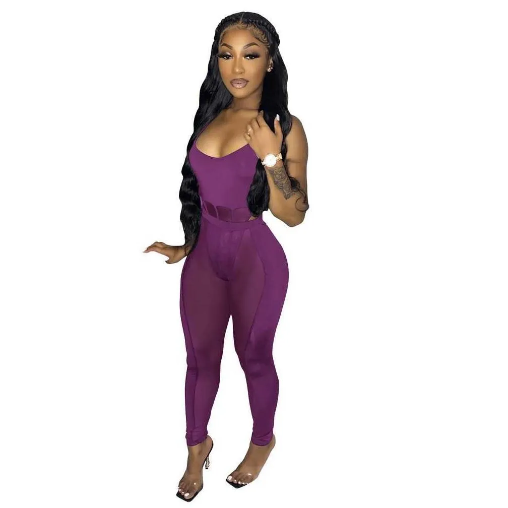womens dress mesh splice sling sexy hollow out nightclub perspective two piece set clubwear jumpsuits rompers