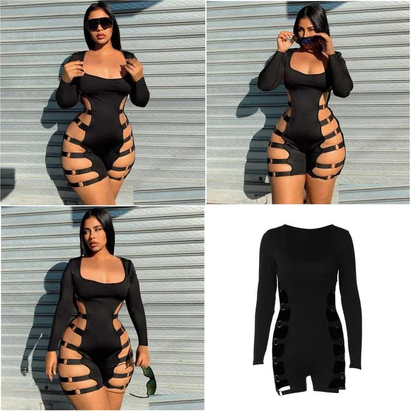 womens 2023 fashion jumpsuits amp rompers long sleeve uneck sexy hollow out nightclub bodysuit women