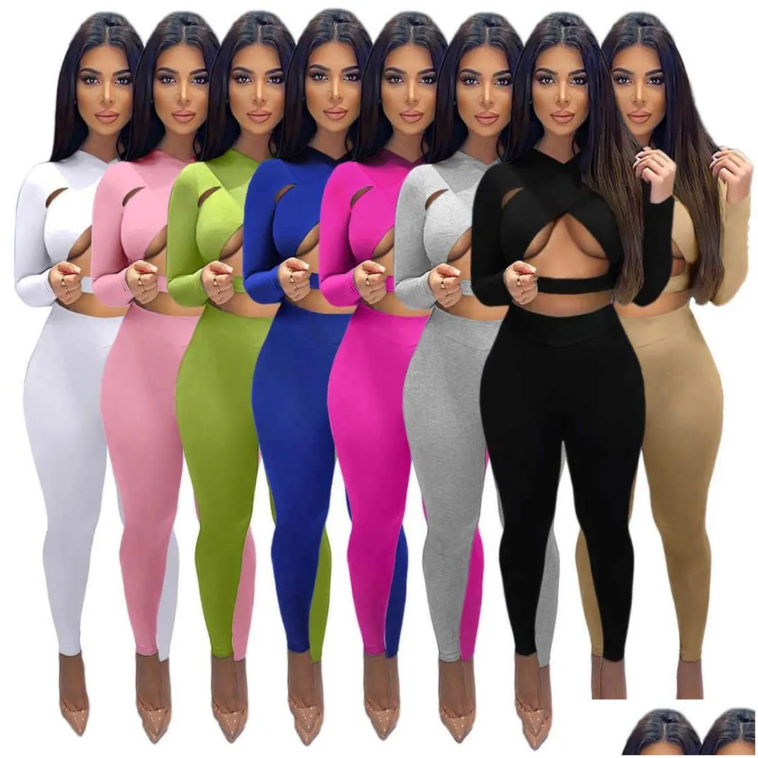 designers women clothes 2021 solid color sexy cross cut sports two piece suit