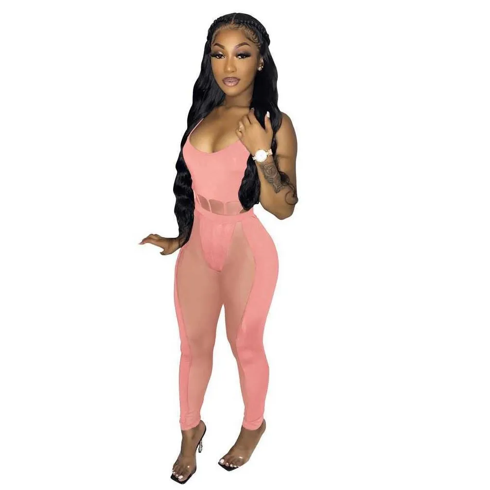 womens dress mesh splice sling sexy hollow out nightclub perspective two piece set clubwear jumpsuits rompers