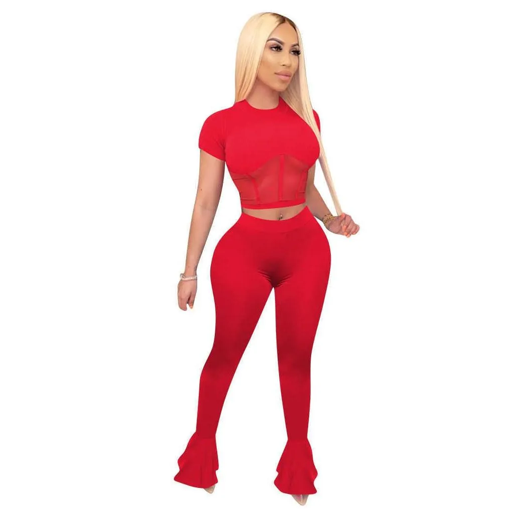 designers women clothes 2021 spring summer autumn mesh splicing flared pants sports suit 2piece set