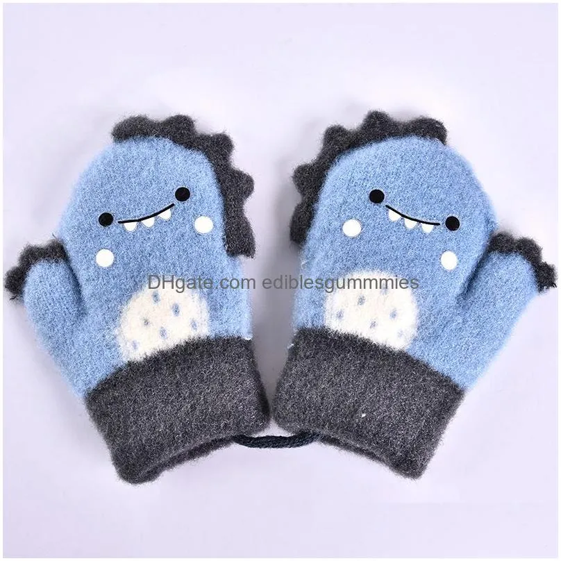 mitten for children cute cartoon dinosaur warmer thick knitted mittens for baby hanging neck winter glove soft kids gloves rrd130