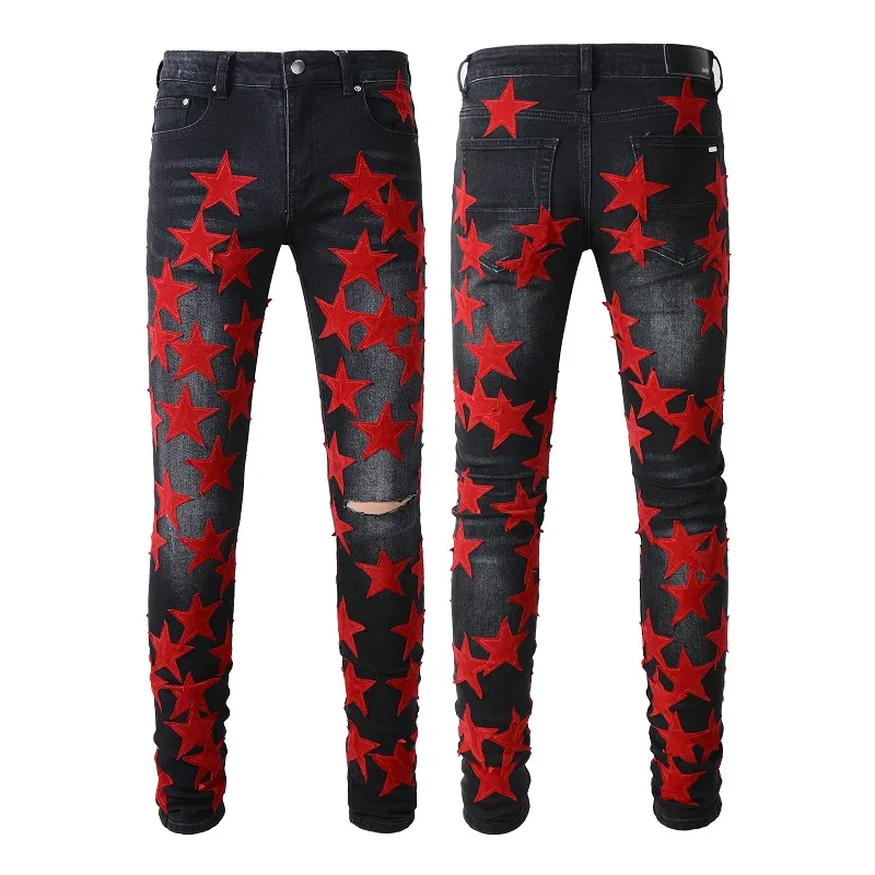 Mens Jeans For Guys Rip Slim Fit Skinny Man Pants red Star Patches Wearing Biker Denim Stretch Cult Stretch Motorcycle Trendy Long Straight Hip Hop With Hole Blue