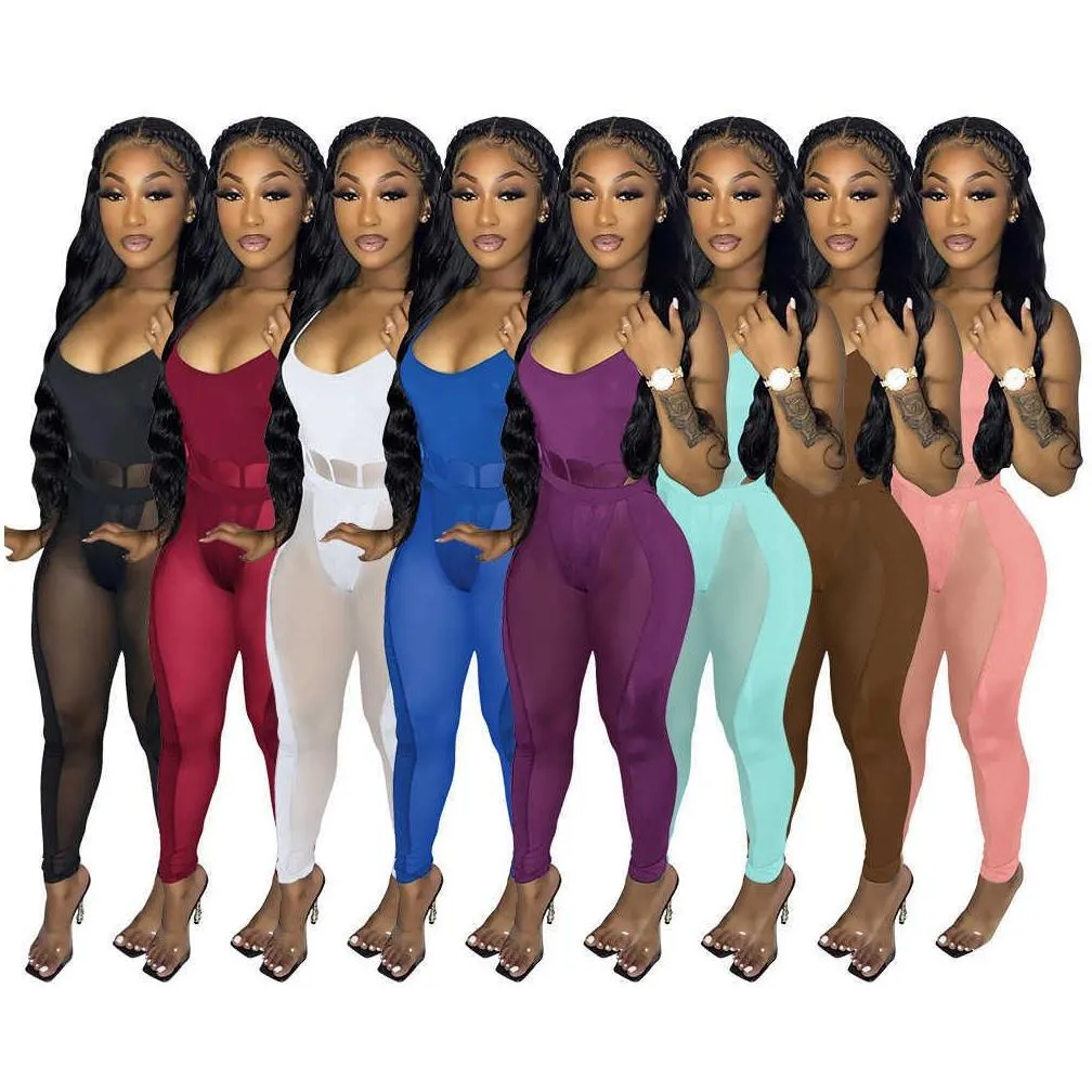 womens dress mesh splice sling sexy hollow out nightclub perspective two piece set clubwear jumpsuits rompers