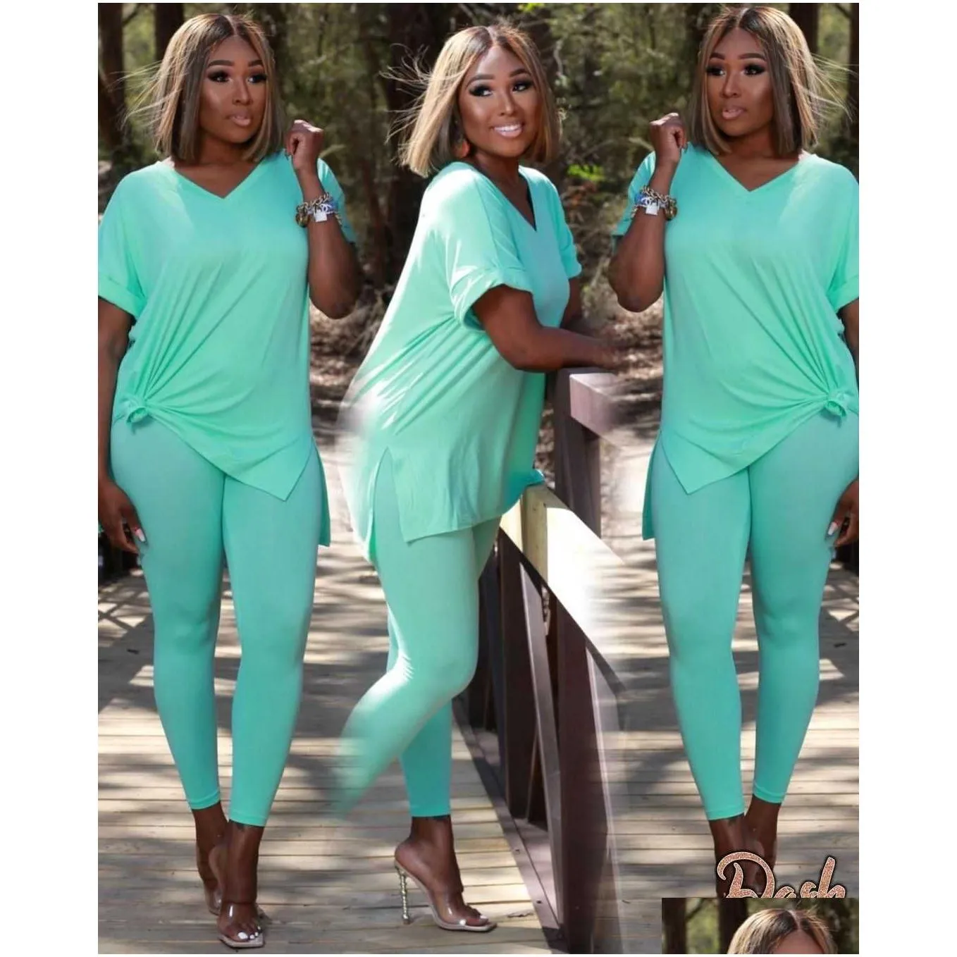 womens spring and summer solid color short sleeve pant suit vneck solid color loose simple casual twopiece suit