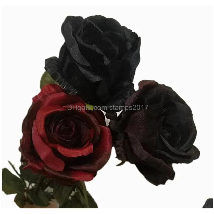 black rose flower halloween party decoration artificial long stem silk rose for diy wedding bouquet table centerpiece home atmosphere