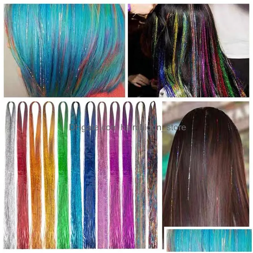 90cm length sparkle shiny hair tinsel rainbow silk hairs extensions dazzles women hippie for braiding headdress