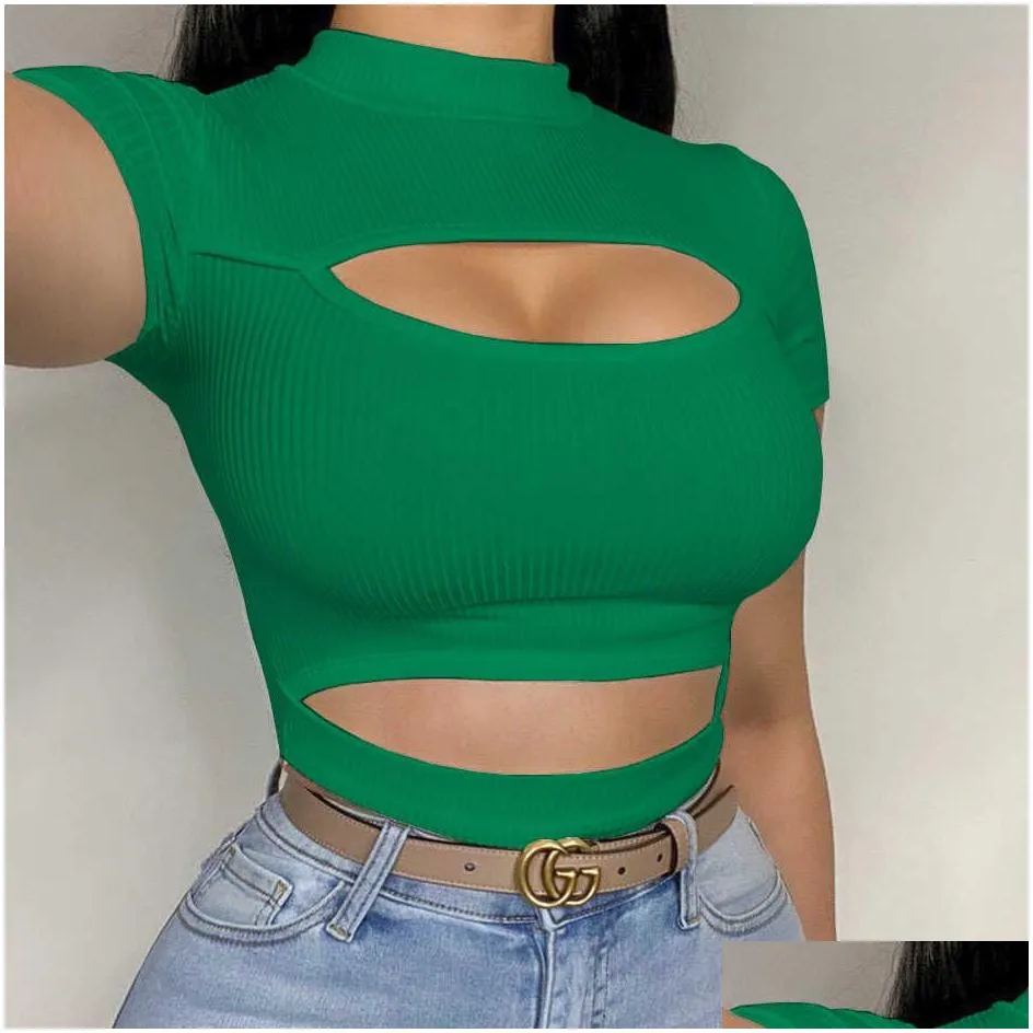 womens summer t shirts solid color pit strip empty sexy short sleeve hollow tshirt top