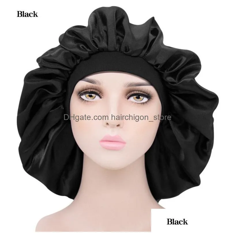 adjust solid satin bonnet hair styling cap long hair care women night sleep hat silk head wrap shower cap hair accessories