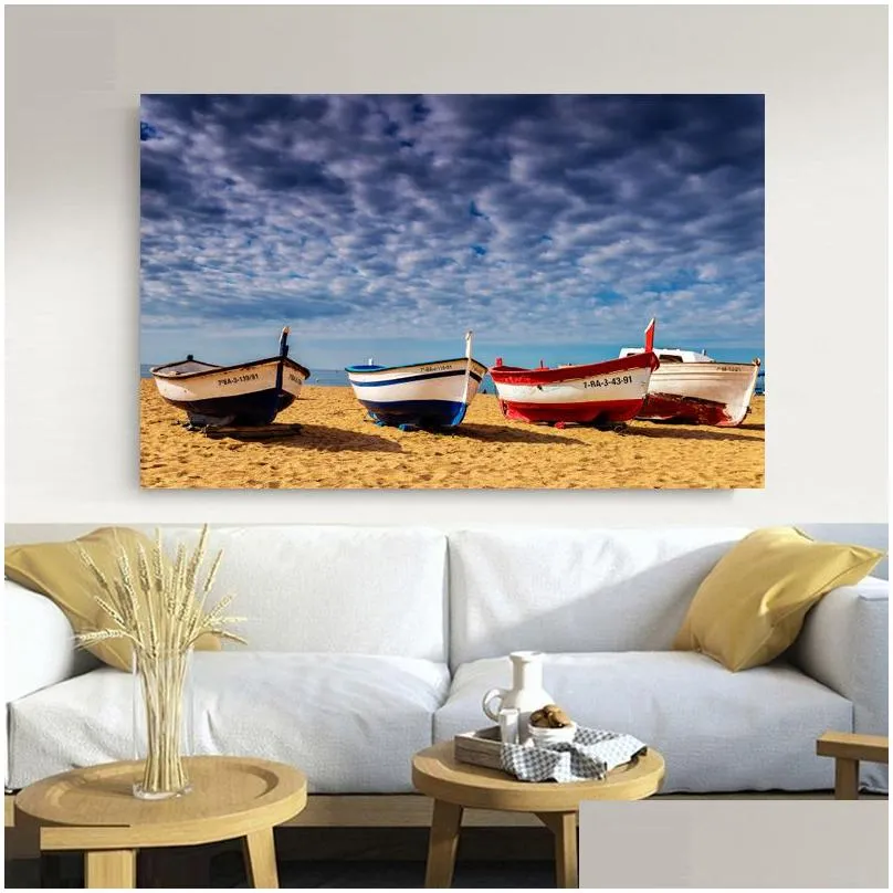 modern large size landscape poster wall art canvas painting boat beach picture hd printing for living room bedroom decoration