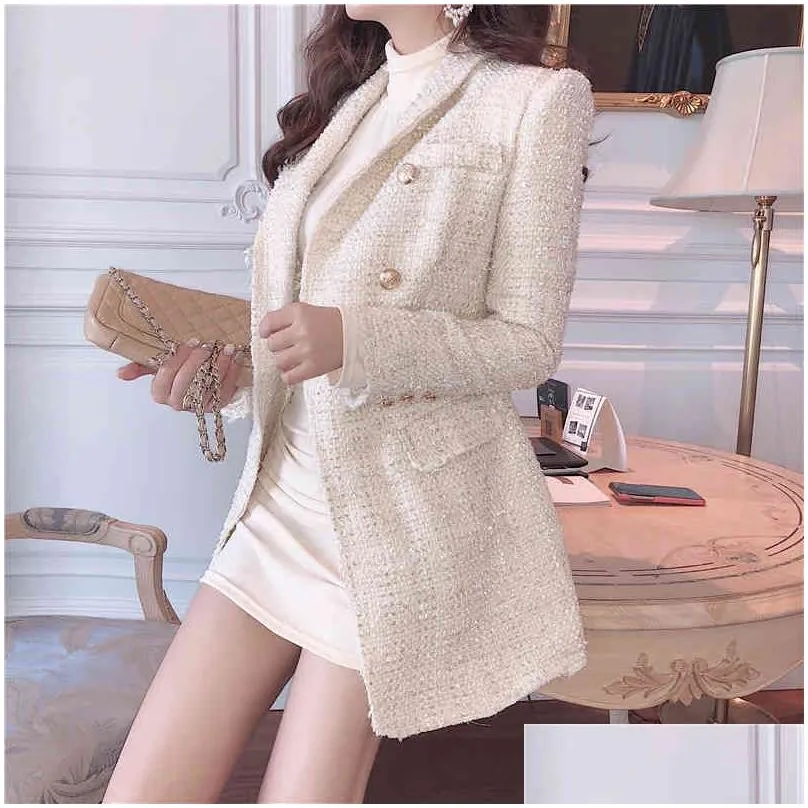 runway designer blazer womens double breasted metal button long sleeve notched collar jacket wool blends tweed coat 210519