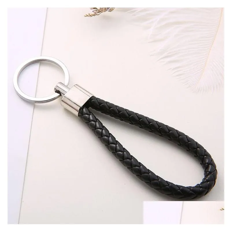 cr jewelry handmade pu leather keychain braided string rope metal key ring woven cord chains holder diy jewelry accessories