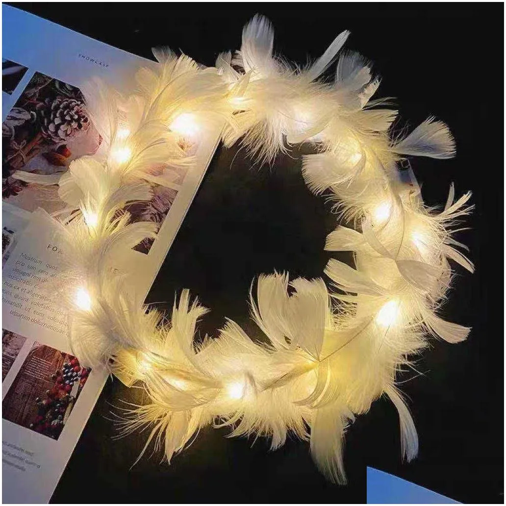 luminous led feather wreath angel fairy headband with flash colorful lights hair band wedding birthday party club headdress night light princess crown