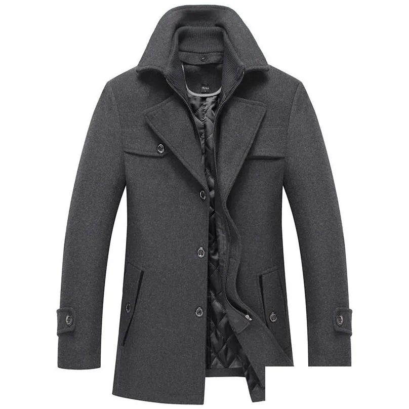 winter new mens thick warm wool coat double collar fashion casual slim red wine trench coat male brand overcoat 201126