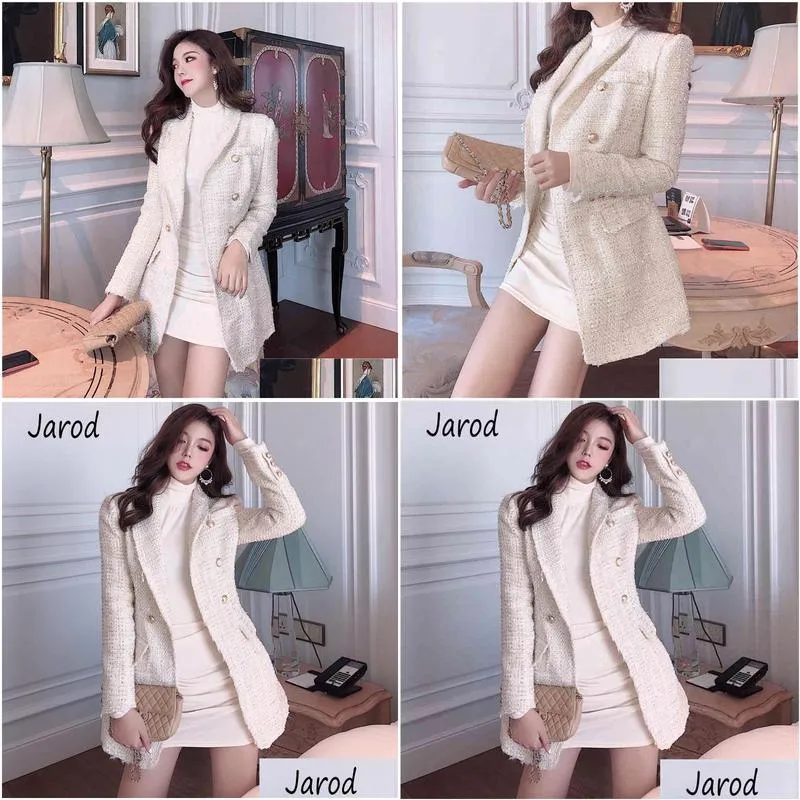 runway designer blazer womens double breasted metal button long sleeve notched collar jacket wool blends tweed coat 210519