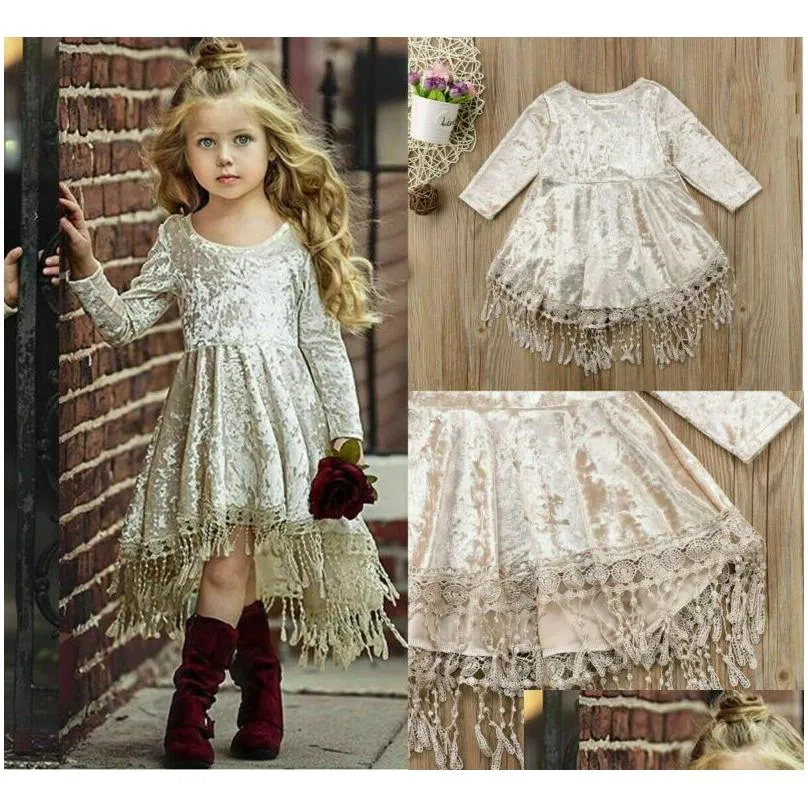 girls dresses princess baby flower girls dress long sleeve velvet tassel party sliver fashion gowns 20211