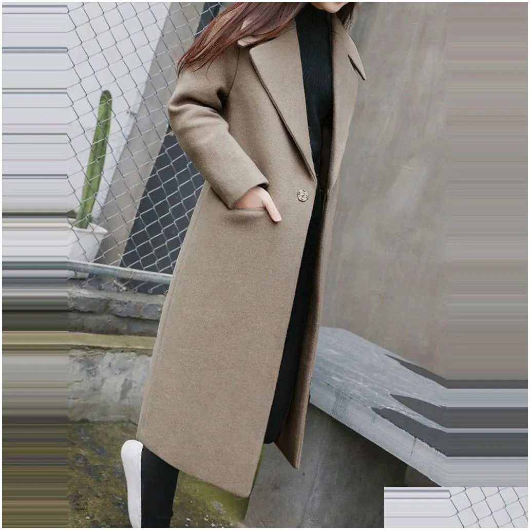 vintage outwear casual trench oversize coat jacket women work solid vintage winter office long sleeve button woolen jacket coat
