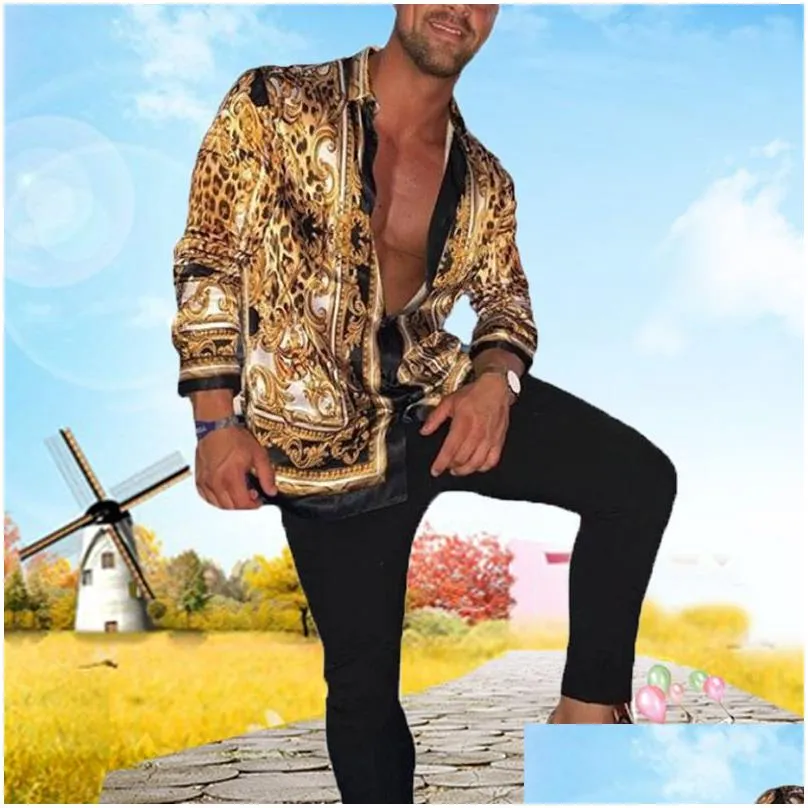 mens long sleeve shirt casual leopard print floral printed top trendy blouse homme bohemian tops