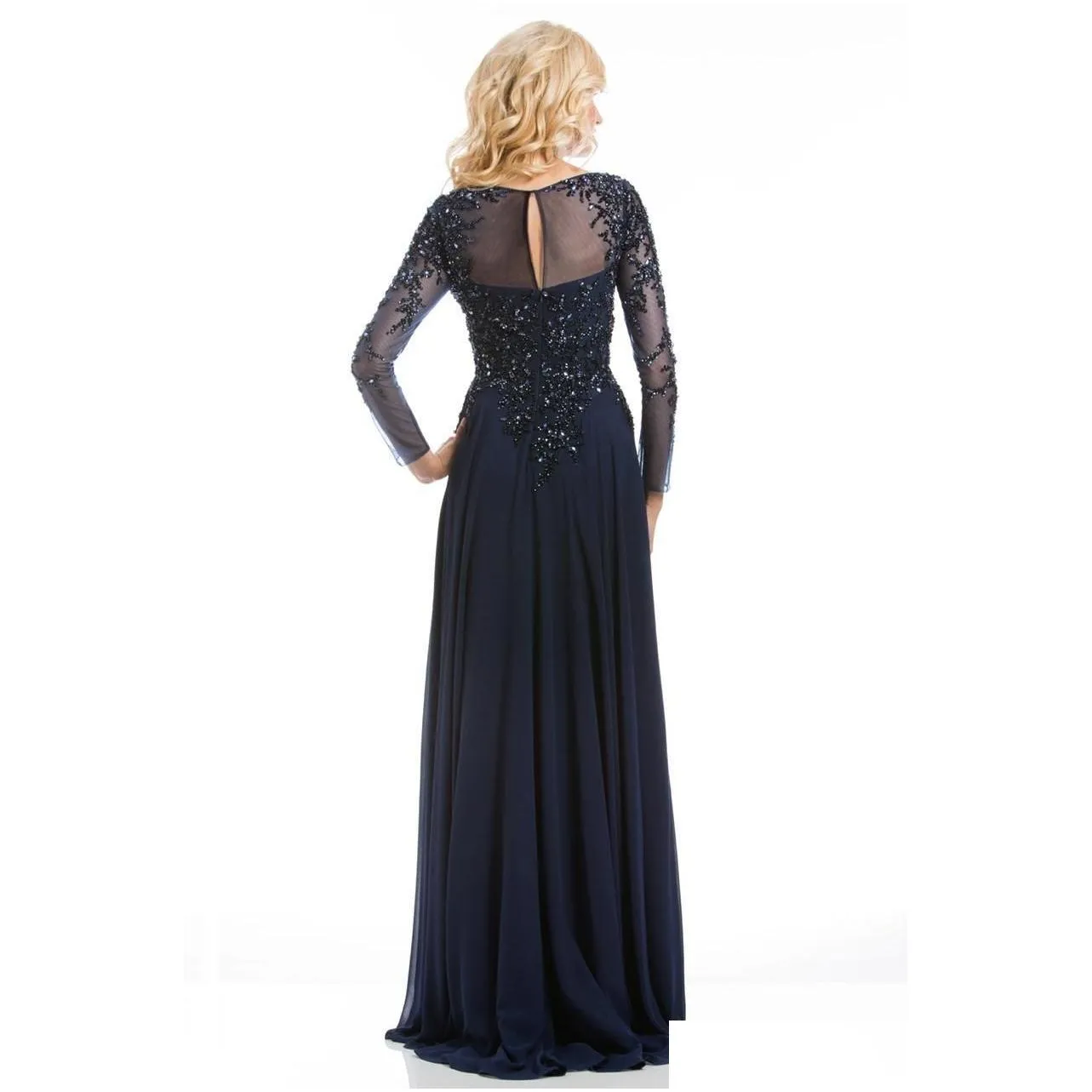 top selling elegant navy blue mother of the bride dresses chiffon seethrough long sleeve sheer neck appliques sequins evening dress