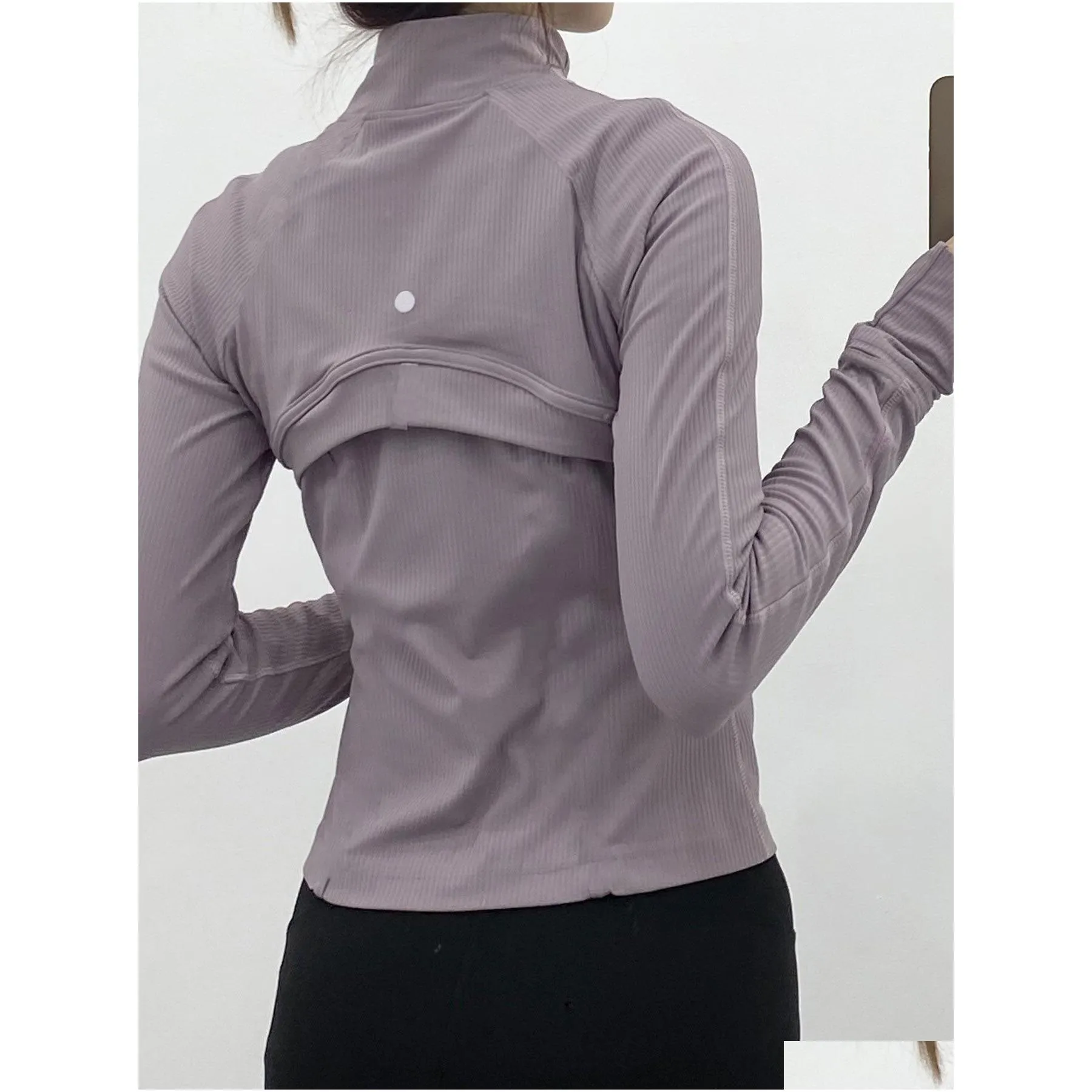 ribbed cropped jacket yoga coat waist length sweatshirts slim fit sports jackets with thumbholes