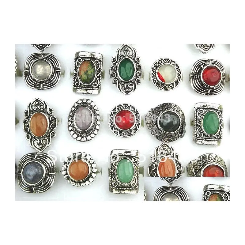 10pcs wholesale jewelry lots mix natural stones antique silver plated women mens adjustable vintage rings a-152