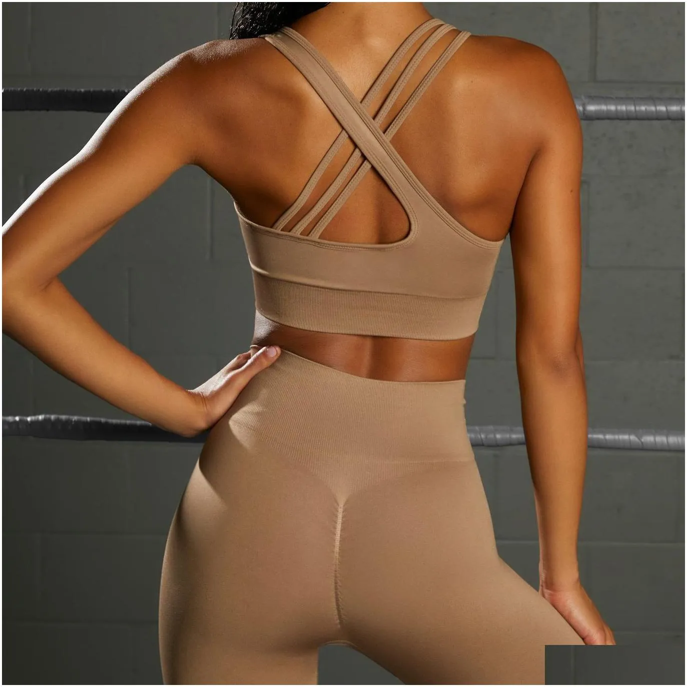 seamless yoga clothing 2-piece high-waisted buttocks lifting sports fitness pants after the cross bra sports suit