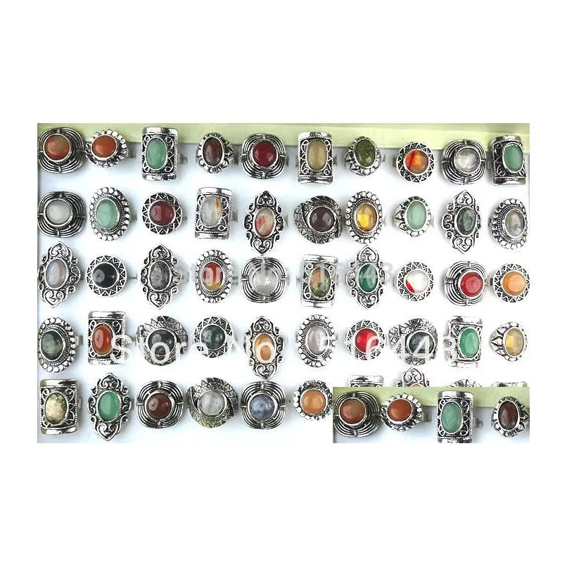 10pcs wholesale jewelry lots mix natural stones antique silver plated women mens adjustable vintage rings a-152